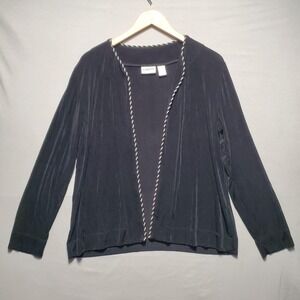 Chicos Travelers Open Front Cardigan Women L Black Rope Trim Slinky Knit Stretch